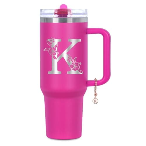 Tswofia Personalized 40 oz Monogrammed Tumbler with Handle & Flip Straw, 100% Leak Proof stainless steel Insulated Tumbler, Customized Initial Funny Gifts for Women Mom Sisters Coworker, K