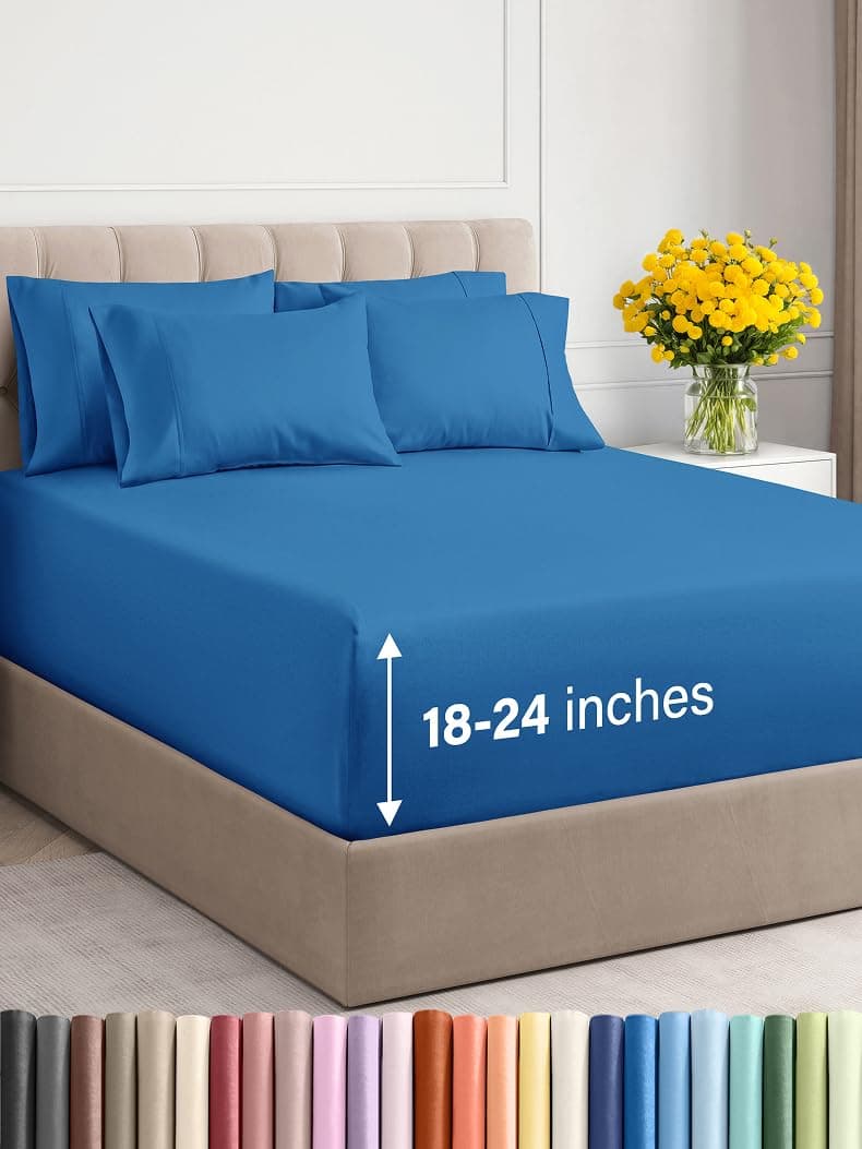 Extra Deep King Sheet Set 6 Piece Breathable Cooling Sheets Hotel Luxury Bed Sheets Set Easy Secure Fit Soft Wrinkle Free Comfy Sheets Set Royal Blue Sheet Set with Extra Deep Pockets