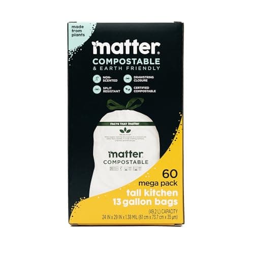 Matter Compostable 13 Gallon Tall Kitchen Trash Bags with Drawstring, Eco-Friendly, Unscented, Durable, Leak-Resistant, 60 Count