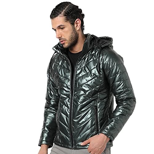 Campus Sutra Men's Metallic Green Quilted Puffer Regular Fit Bomber Jacket For Winter Wear | Hooded Collar | Full Sleeve | Zipper | Casual Jacket For Man | Western Stylish Jacket For Men