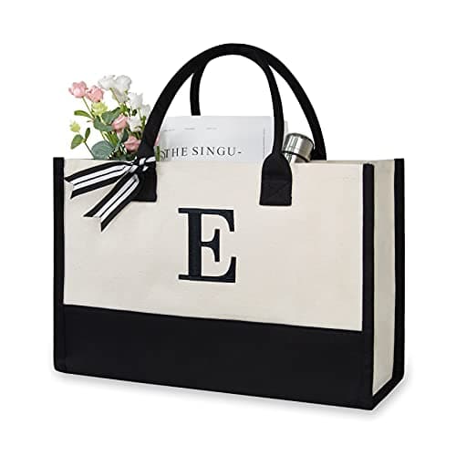 TOPDesign Embroidery Initial Canvas Tote Bag, Personalized Present Bag, Suitable for Wedding, Birthday, Beach, Holiday, is a Great Gift for Women, Mom, Teachers, Friends, Bridesmaids (Letter E)