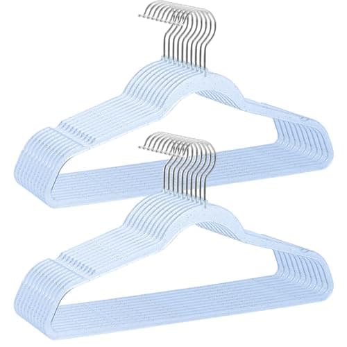 Blue Clothes Hangers 16", 20 Pack Plastic Clear Coat Hanger for Adult Closet, Durable Bling Ganchos de Ropa with Swivel Hook, Notched Shoulders & Ultra-Thin Space Saving Laundry Hanger for Dress Suits