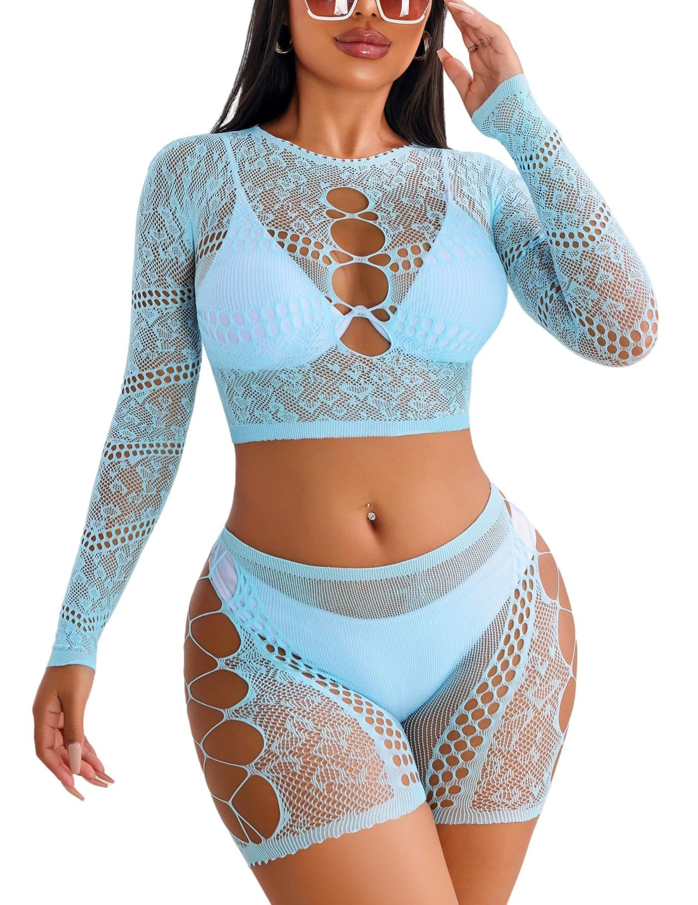 SSoShHub Lingerie for Women Lovely Deep V Neck Teddy Babydoll Mesh Nightwear for Women Mesh Badydoll Fishnets Dresses See Through Lingerie Chemise Outfits One Piece Cut Light Blue