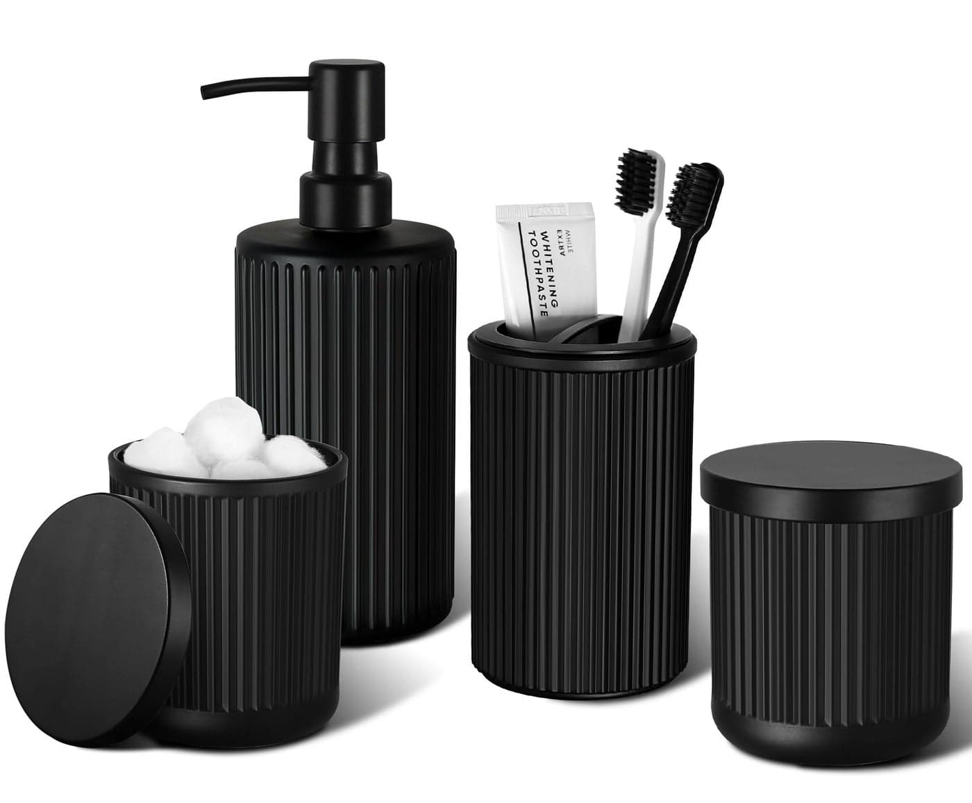 KASUNTING Matte Black Bathroom Accessories Set, 4 Pcs Glass Bathroom Accessory Set, Soap Dispenser, Toothbrush Holder, Qtip Holder Set, Bathroom Sets Complete, Bathroom Sink Set for Modern Home Decor