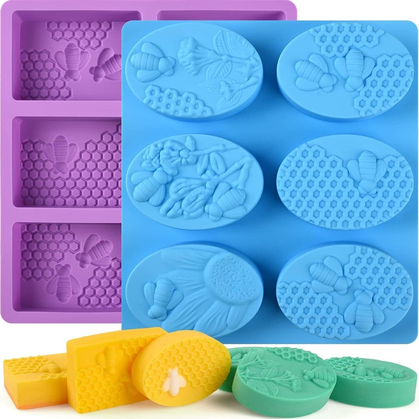 2 Pack 6 Cavity Bee Silicone Soap Molds,Rectangle Oval Honeycomb Silicone Molds,Loaf Handmade Molds for Soap,Making Supplies DIY Wax Melts, Beeswax, Cake Chocolate Bakeware