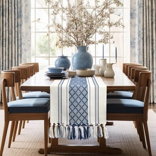 yuboo Blue and White Table Runner Farmhouse Style - Coastal Boho Woven Table Runner 72 inches Long with Tassels, Dresser Runner Cover Top for Coffee Table, Kitchen, Bedroom, Fall Table Decor