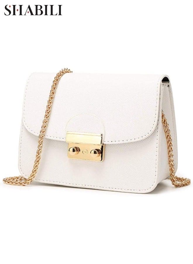 Women PVC Shoulder Bag Crossbody Satchel Tote With Gold Chain Push-Lock, Ladies Large-Capacity Cross Bags Mini Tote Secures Phone Wallet Makeup, Lightweight Style For Daily Casual Party Travel (White)
