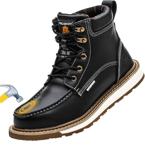 KELODON Waterproof Steel Toe Boots For Men-6" Leather Moc Toe Winter Warm Work Boots Mens Steel Toe Shoes Indestructible Non Slip Resistant Construction Safety Boot,Black,size 10.5 Men