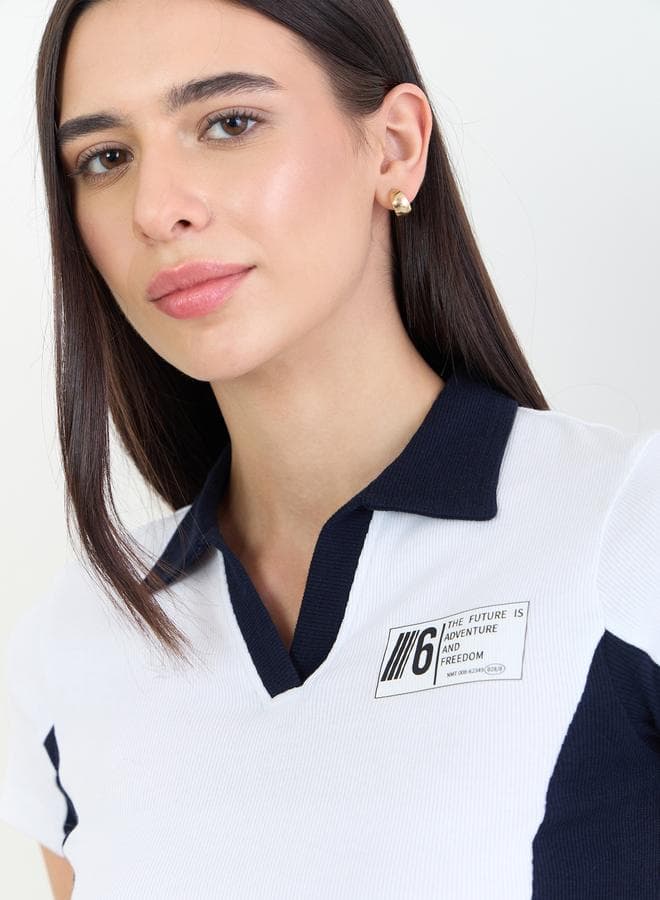 White Color Block Ribbed Fitted Polo T-Shirt