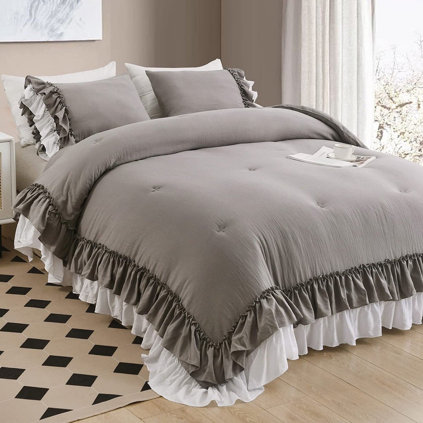 Masaca Ruffle Queen Comforter SetGrey White Ruffled Comforter Sets for Queen Bed Shabby Boho Chic Farmhouse Bedding Set1 Ruffle Comforter and 2 Pillowcases