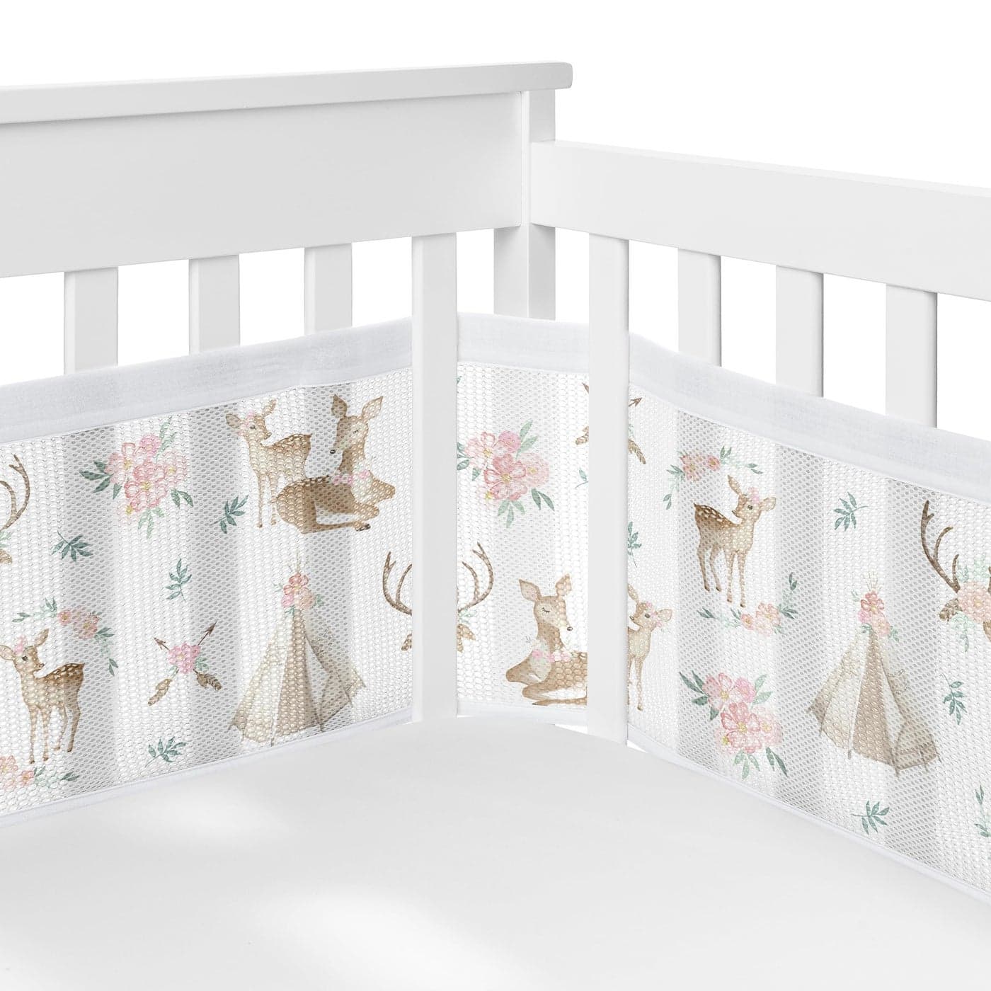 Sweet Jojo Designs BreathableBaby Woodland Deer Floral Girl Breathable Mesh Crib Liner Baby and Infant Blush Pink Mint Green and White Boho Bohemian Watercolor Forest Animal Shabby Chic