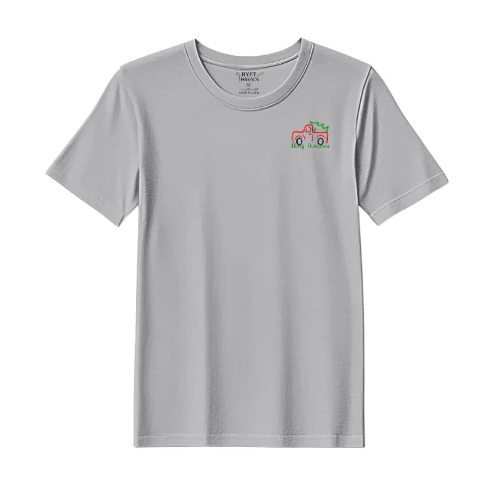 Threads Large Grey Polycotton T-Shirt - Christmas "Vintage Christmas Truck with Tree" Embroidered Design, Premium Holiday Collection
