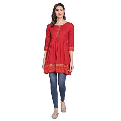 Rapsodia Women's Rayon Short Kurta, Jaipuri Style Tunic for Girls and Women Maroon, Regular Fit