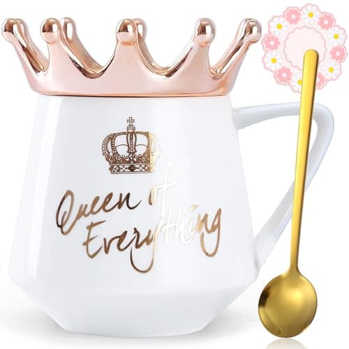 Arawat Queen of Everything Mug with Lid Sweet White Mug with Crown Coffee Mugs Gift with Spoon & Coaster 12 oz Ceramic Cup Birthday Gift for Women Girls Mom Girlfriend Mothers Day Gifts for Women