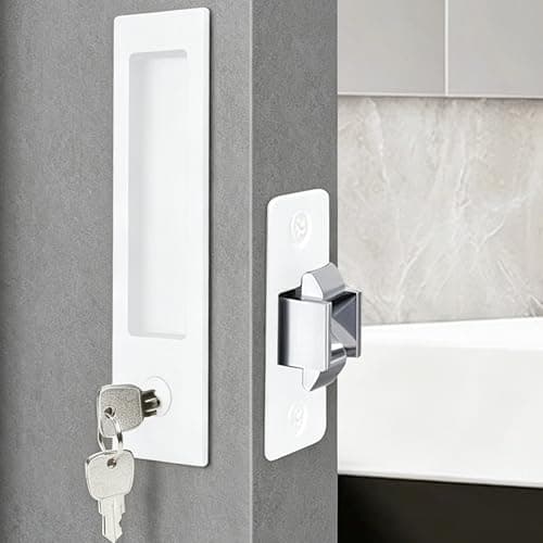 Dontay Pocket Door Handle Modern Rectangular Keyed Entry Function BedBath Pull Latch Recessed Sliding Door Hardware for 1 38 to 2 316 Thickness Keyed Entry Lock White 1 Pack