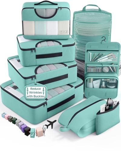 Veken 8 Set Packing Cubes for Travel EssentialsAntiWrinkle Buckled Suitcase Organizer for Shoe Toiletry BagCarry On Luggage Bag for Airplane College Dorm Room AccessoriesWomen Men Gifts