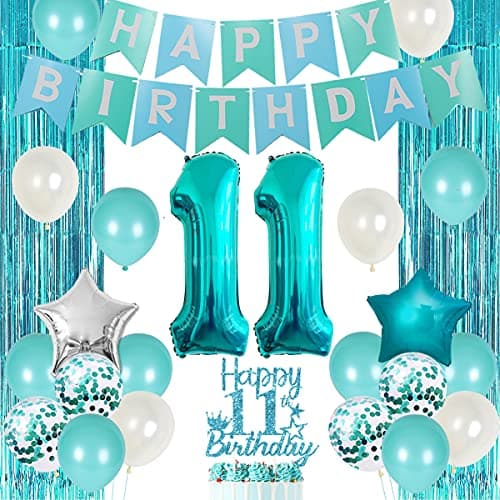 11th Birthday Decorations for Girls Teal Happy 11th Birthday Decorations Eleventh Cake Topper Teal Fringe Curtain Turquoise Banner Number 11 Foil Balloon 11 Year Old Girl Party Decor