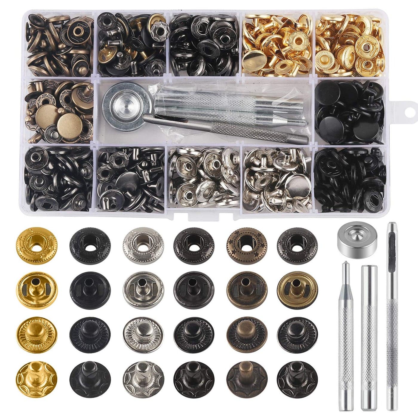 132 Sets Leather Snap Fasteners Kit MSDADA 125 mm Metal Button Snaps Press Studs with 4PCS Fixing Tools Sewing Snaps for Clothes Leather Craft Bracelets Jeans Wears Jackets Bags Belt