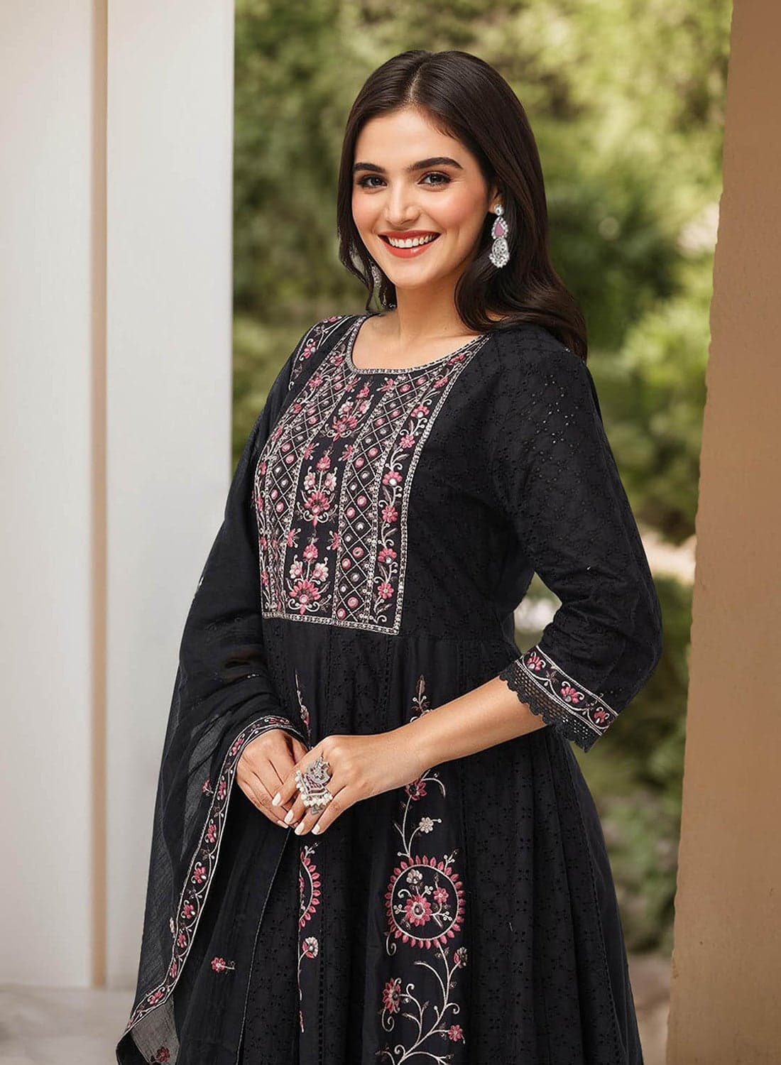 Ethnic Motifs Embroidered Pure Cotton A-Line Kurta With Trousers & Dupatta