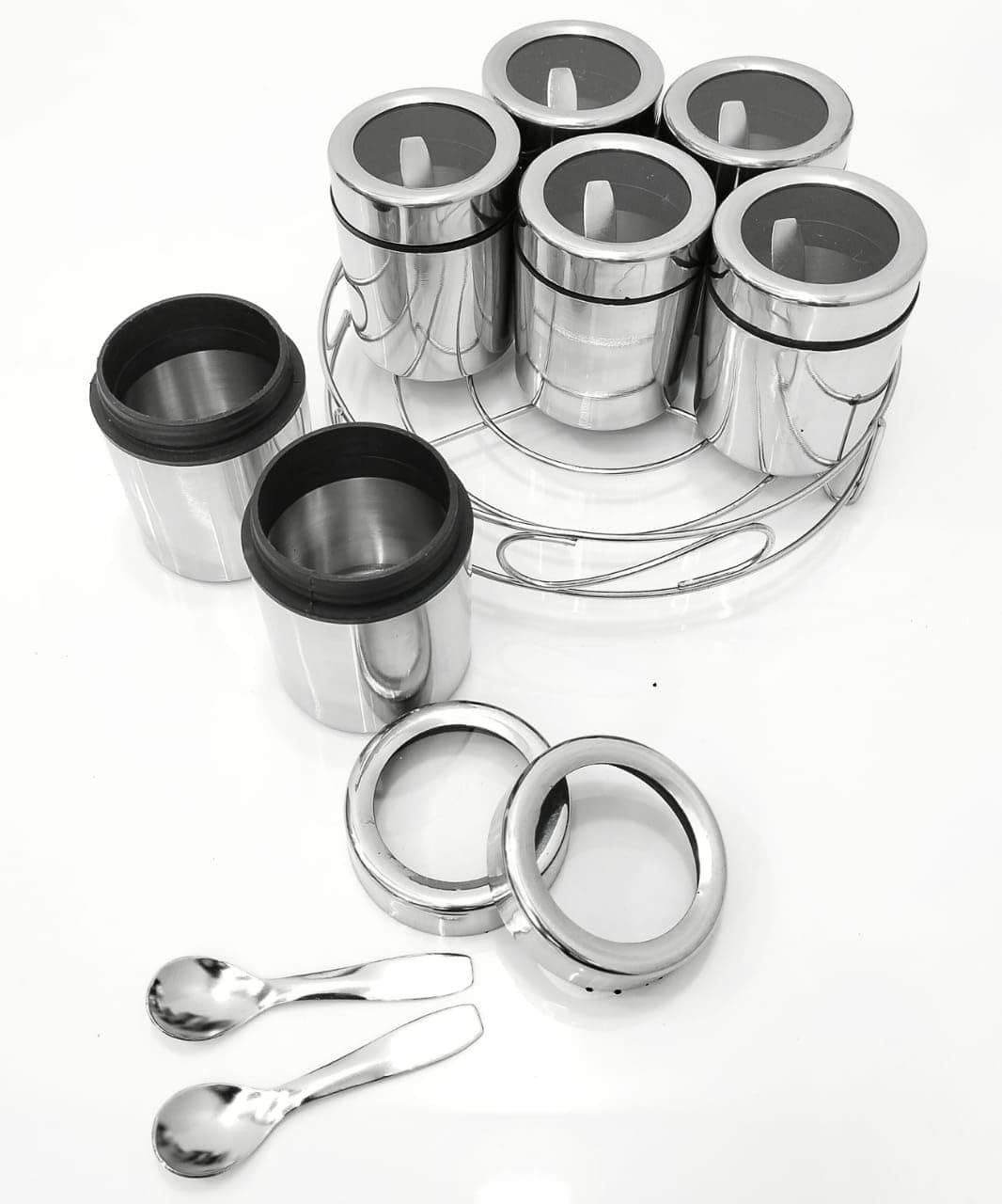STEEPLE Steel Masala Box For Kitchen | Masala Box | Spice Box | Storage Container | Steel Container With Small Spoons | Masala Dabba | Canister 200 ML Each Container (Set Of 7 - Silver)