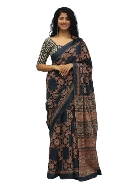 JALTHER Handicrafts Women's Ikat Hand Block Print Jaipuri Cotton Mulmul Saree with Blouse Piece - _2