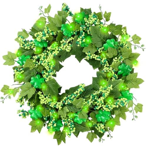 Sggvecsy 18 St Patricks Day Shamrocks Wreath for Front Door with Lights Artificial Lucky Clover Wreath with Greenery Ivy Leaves Berries for Irish St Patricks Day Decoration Wall Home Decor