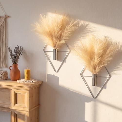 Canlierr 2 Pieces Wall Decor Hanging Planters with Artificial Plants Metal Hanging Vase Indoor Plants Holder Modern Boho Wall Art for Bathroom Bedroom Living Room Decor(Silver,Pampas Grass)