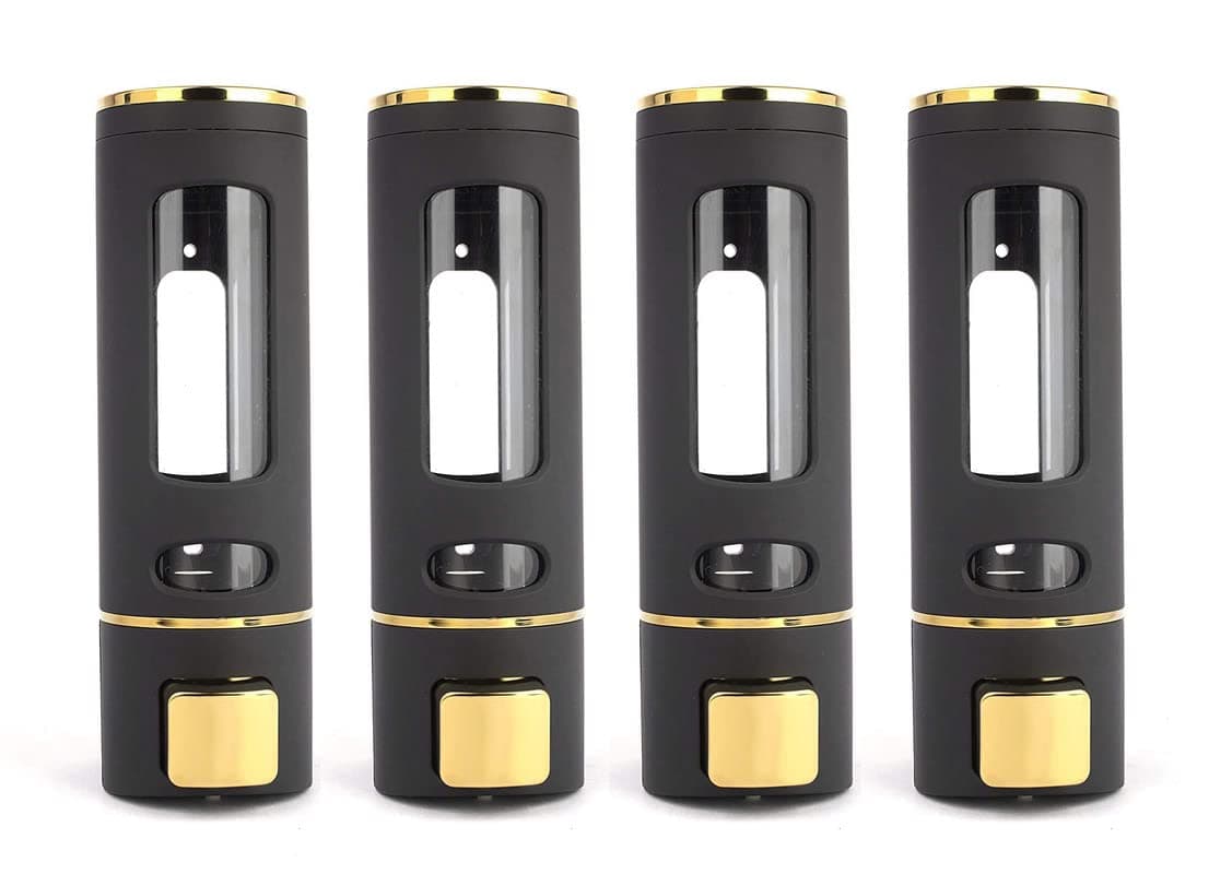 BATH GURU Wall Mounted Soap Dispenser for Bathroom Kitchen Liquid Soap Shampoo Handwash Sanitizer Lotion Gel Dispenser for Hotel School Colleges Hospital Bathrooms ABS Plastic Black Gold Pack of 4