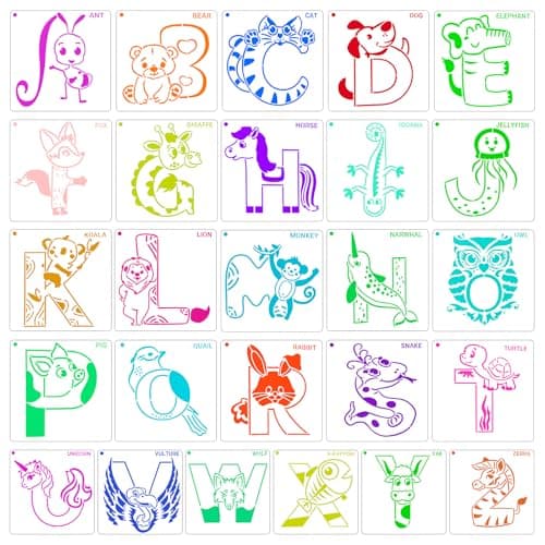 Kaemi Animal Letter Stencils for Painting - 26 Pcs Reusable Stencils for Crafts, Kids Learning, Drawing & DIY Painting on Wood, Walls, Cards, Rocks (6x6 in)