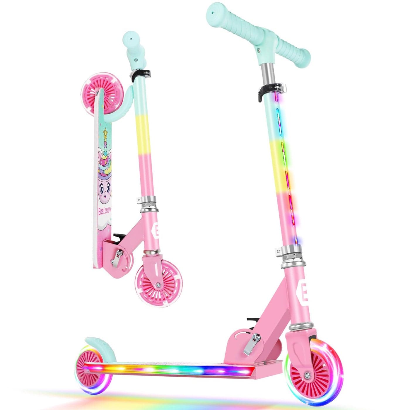 BELEEV Scooters for Kids Ages 312 with LightUp Wheels Stem Deck 2 Wheel Folding Scooter for Girls Boys 3 Adjustable Height NonSlip Pattern Deck Lightweight Kick Scooter for Children Pink