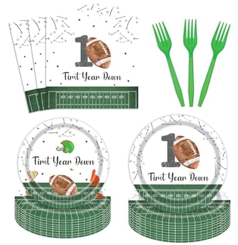 96 Pcs Football First Birthday Plates and Napkins Party Supplies Set for 24 Guests Its Game Time First Year Down Decorations Game On Football Boy Birthday Party Plates Fork Napkins Tableware