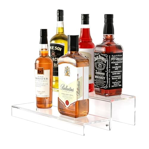 JUESHA 2 Tier Liquor Bottle Display Shelf 15 Acrylic Bar Shelves Stand for Countertop Step Alcohol Bottle Organizer for Wine Drinks Whiskey Bar Display Patent D1076520s