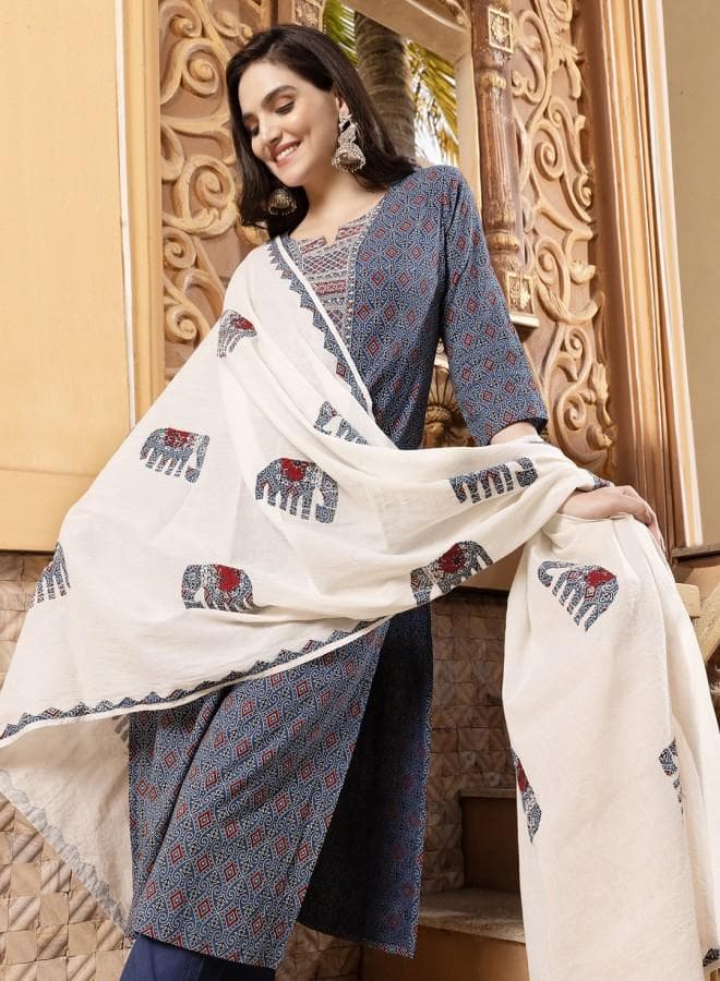 Women'S Indigo 100% Cotton Embroidered Tunic Full Length Palazzo Straight Fit Kurta Set
