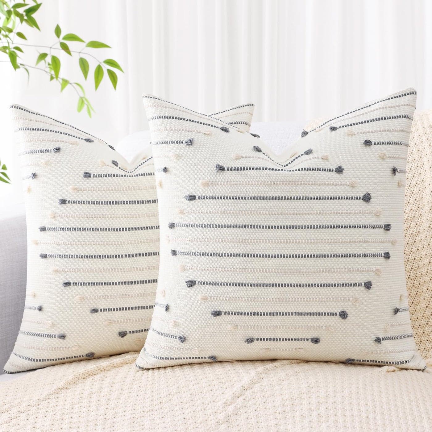 Mecatny Boho Outdoor Throw Pillow Covers 18X18 Set of 2 Farmhouse Decorative Summer Pillow Covers for Couch Sofa Living Room Beige Grey