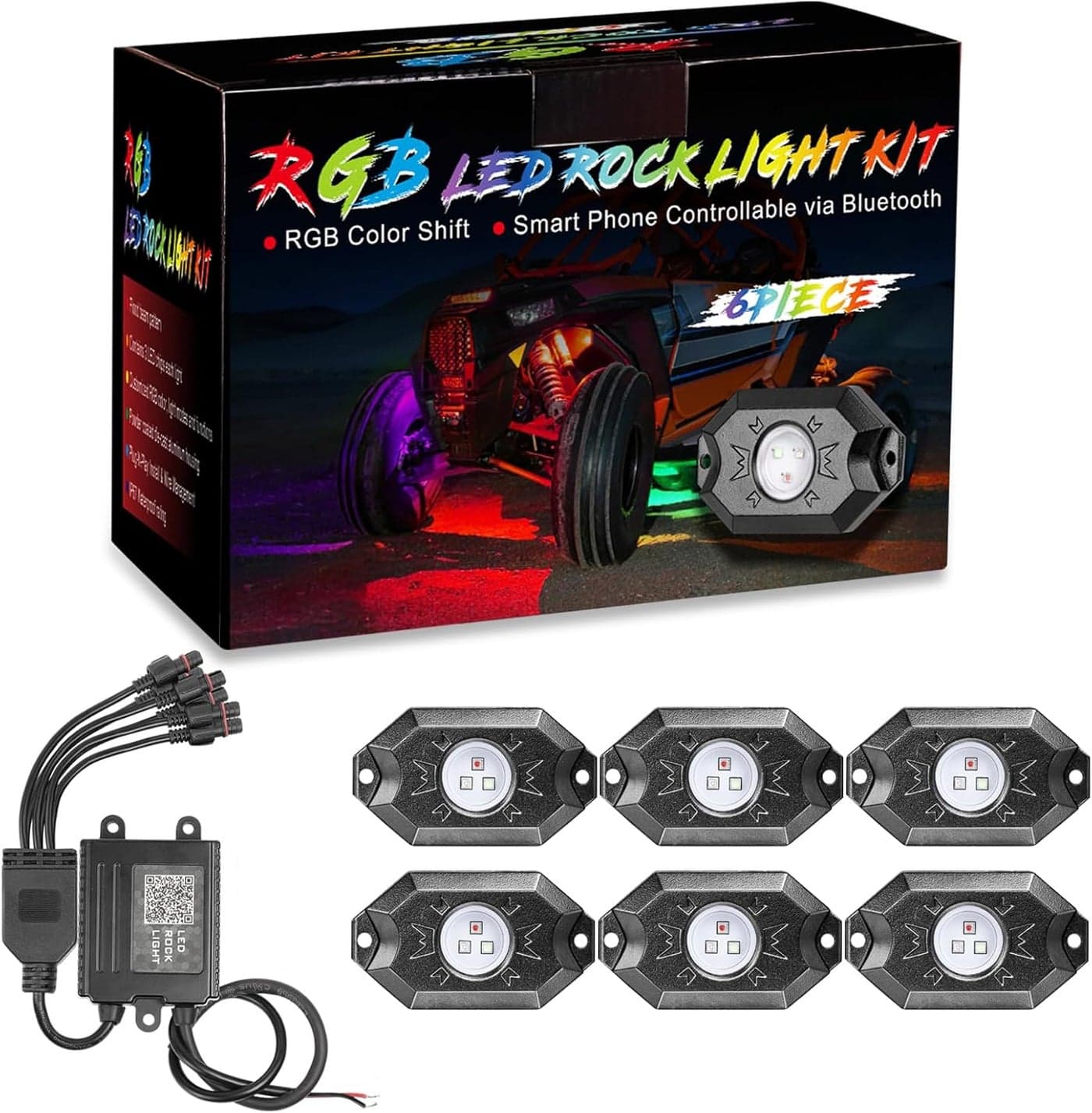 OFFROADTOWN RGB Rock Light Kit with 6 Pods - LED Neon Trail Rig Underglow for Polaris, Can-Am, Jeep, Yamaha, Honda, Tundra