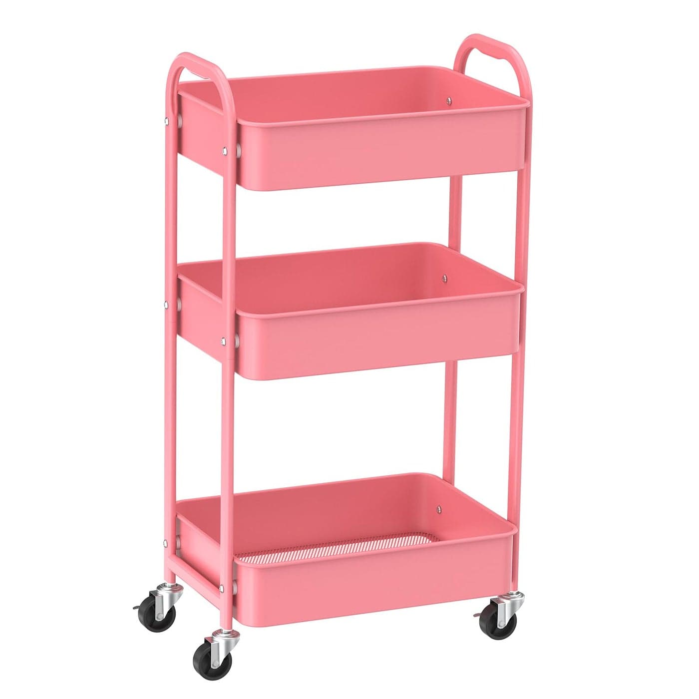 MAX Houser 3Tier Rolling Utility Cart with Caster WheelsEasy Assembly for Kitchen Bathroom Pink