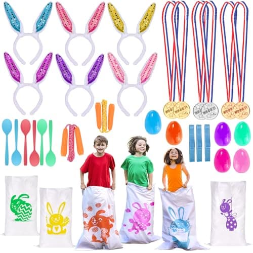 Atonofun 29 Pack Easter Games for Kids Outdoor Potato Jumping Bags Bunny Ears Headbands Egg Spoon Relay Races Legged Relay Race Bands for Easter Eggs Hunt Party Supplies