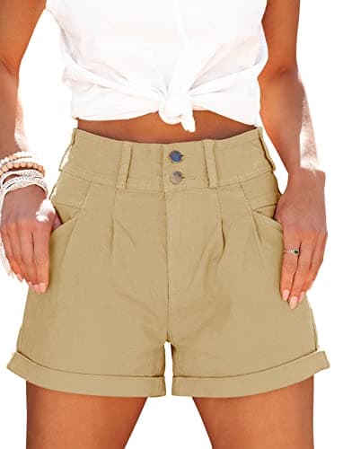 Hilltichu Womens Relaxed Fit Casual High Waist Pocketed Denim Shorts (Khaki,Small,US,Alpha,Adult,Female,Small,Regular,Regular)