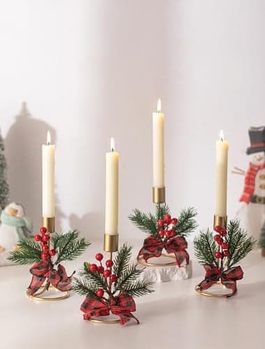 Romadedi Candle Holders Christmas Decor Gold Candlestick Holder for Taper with Red Berry Decoration for Table Centerpiece Festive Xmas Ornaments Mantel Home Set of 2