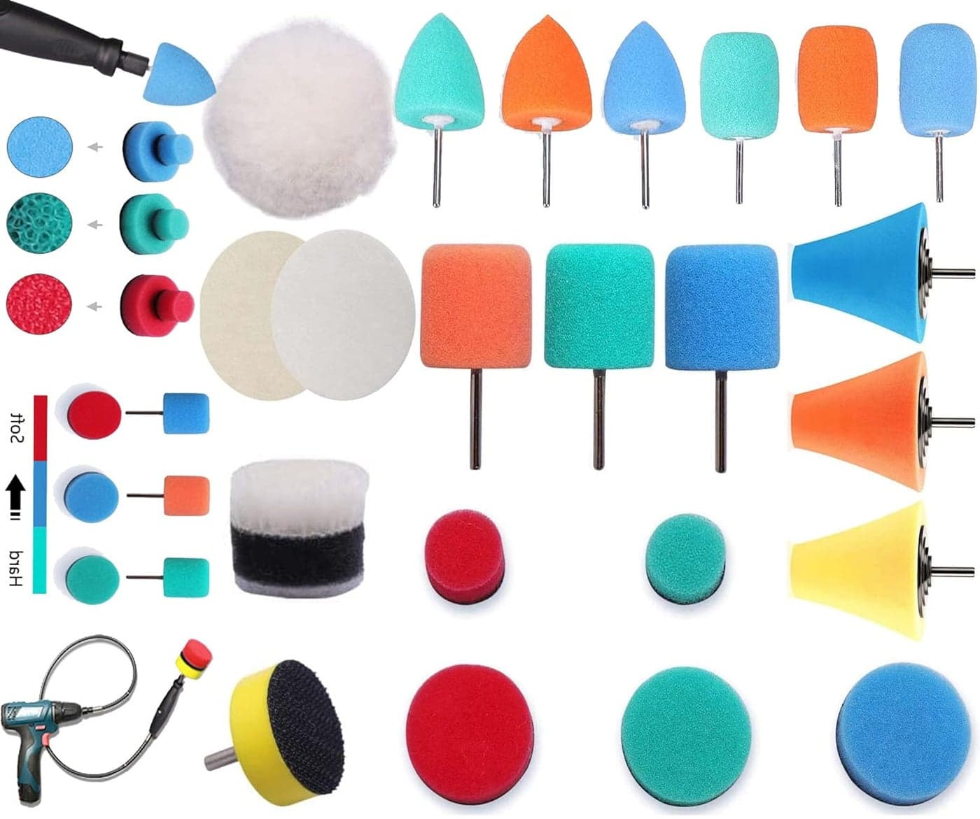 DIY Crafts 22x Mini Buffing Polishing Detail Polisher Pads On Rotary Tools,Cordless Drill, Polisher Tool for Tight Area Detailing Polishing Waxing Sealing Glaze (with 2xFelt 2X Fur Pad, 3" inch Kit)