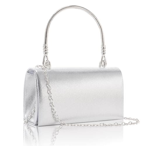 Larcenciel Clutch Purses for Women, Elegant Metallic Silver Evening Handbags with 2 Chain Straps, Fashion Vegan Leather Ladies Party Bags for Prom Wedding Cocktail Club Formal Events Nights Out, Small