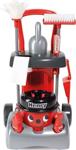 Casdon Henry Hetty Toys Henry Deluxe Cleaning Trolley Red HenryInspired Toy Playset with Working Hand Vacuum Kids Cleaning Trolley Set with Accessories for Children Aged 3