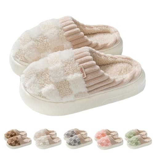 VTTDB Checkered Slipper House Slippers for Women Men Plush Warm Fuzzy Slippers Flyffy Bedroom Shoes Indoor Slip On 5565 Women56 MenBeigeNumeric RangeMedium5565