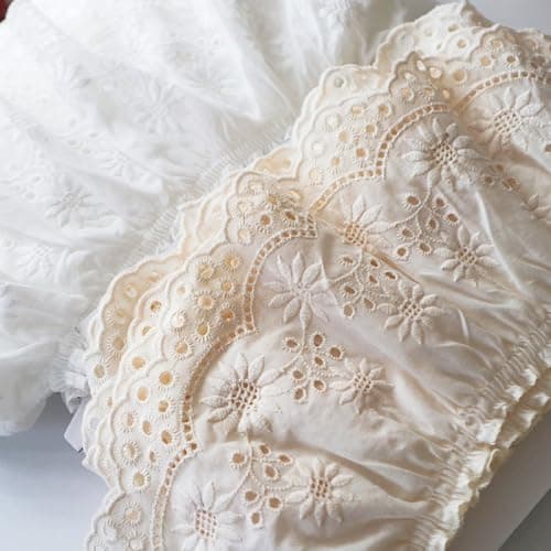 Yalulu 2 Yards Cotton Ruffle Trim Eyelet Lace Fabric for Sewing Embroidery Dresses Baby Clothes DIY Craft Beige