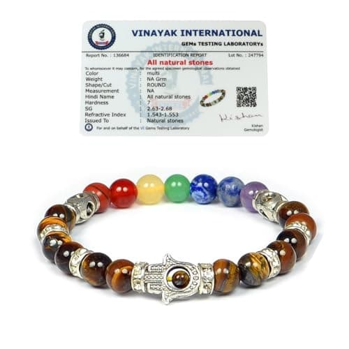 Crystu Natural Certified 7 Chakra with Tiger Eye Bracelet Crystal Stone Bracelet Combination Hamsa Charm Bracelet 8 mm Round Beads (Color : Multi)