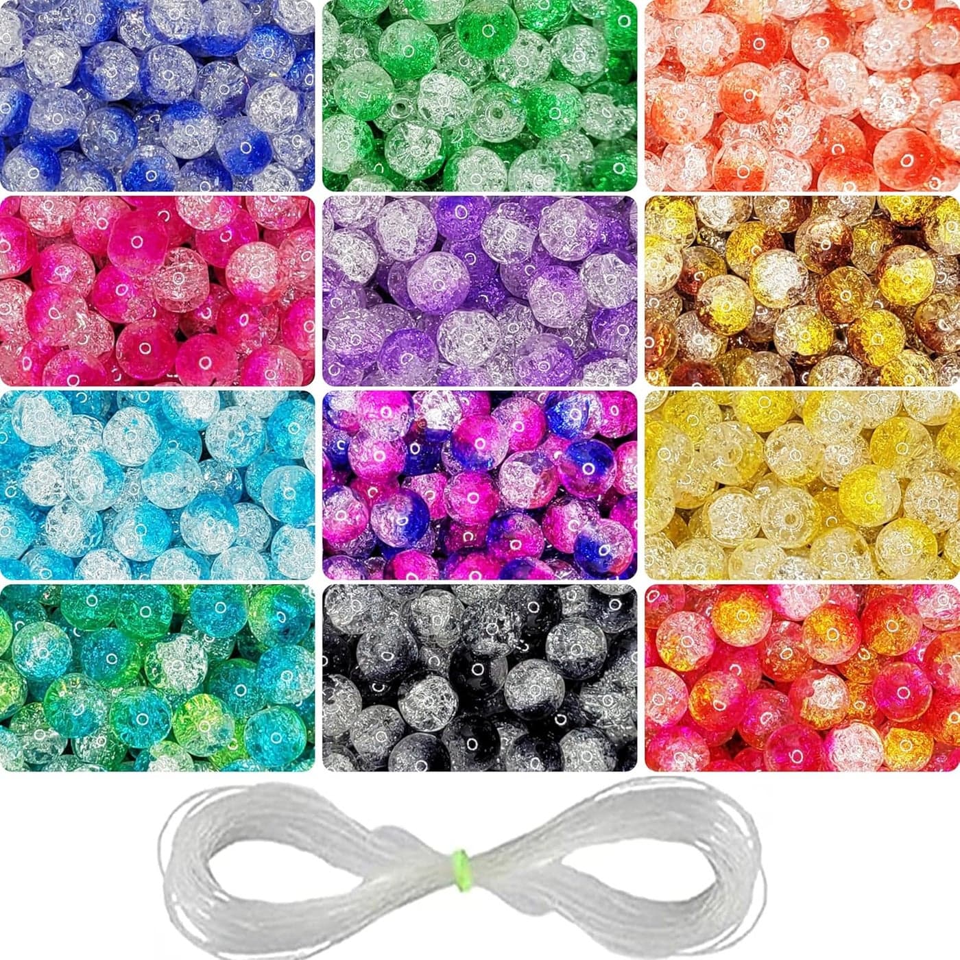 INDIKONB Crackle Glass Pearl Crystal Beads - 8mm Multicolour Round Beads for Jewelry Making (390 pcs)