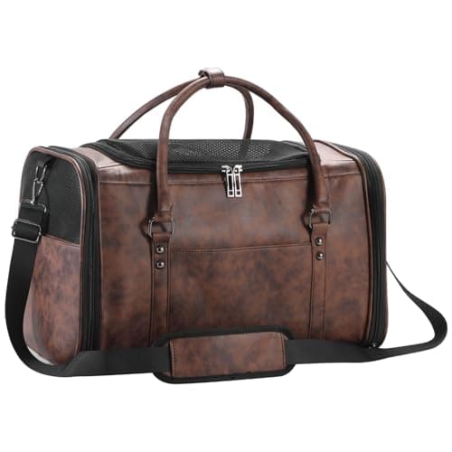 Johomviin Stylish Leather Pet Carrier for Small Dogs and Cats Up to 15 lbs Airline Approved Lightweight Travel Tote with Breathable Mesh and Shoulder Strap Coffee