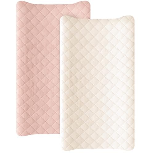 Konssy Waterproof Muslin Changing Pad Cover 2 Pack Quilted Cotton Fitted Diaper Chang Table Cover Soft Changing Pad Sheets for Girls Boys Pink Cream