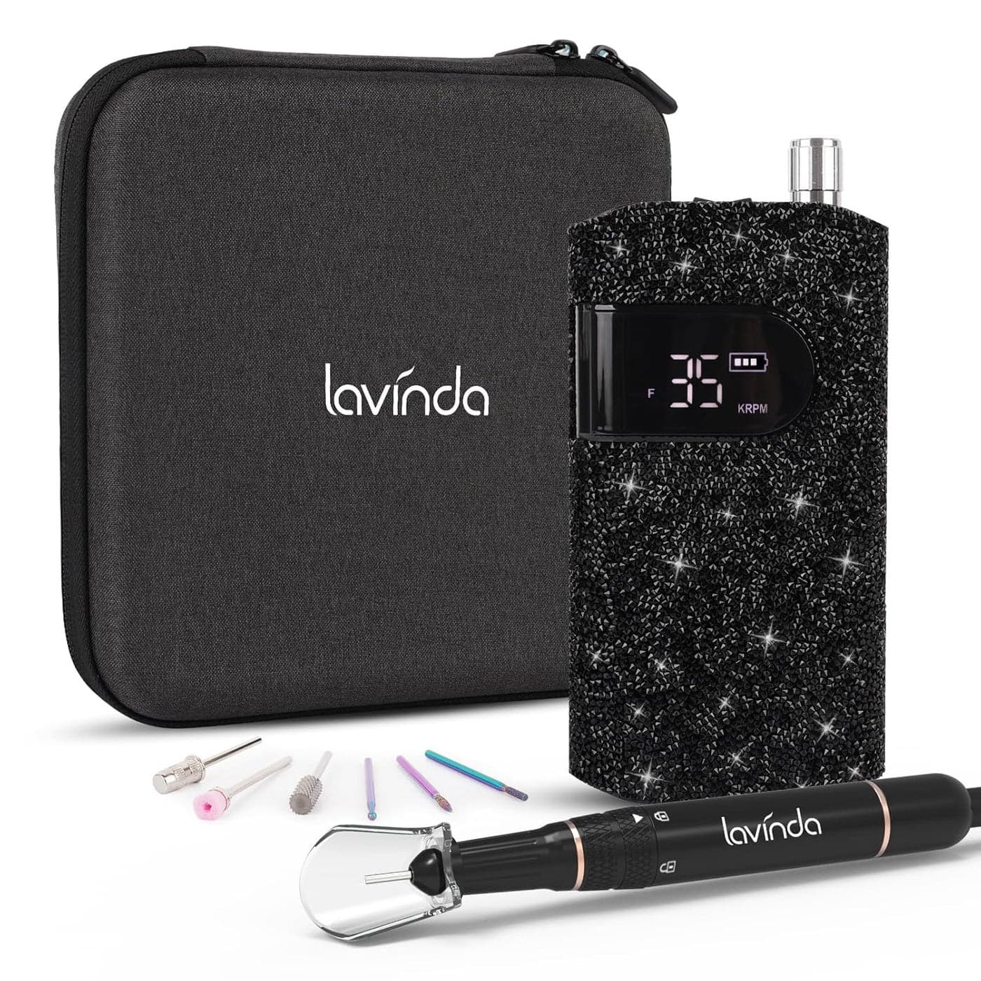 Lavinda Professional Nail Drill Machine, Electric Nail Drill Kit for Acrylic Gel Nails, 35000RPM Cordless Portable Nail Drill with Black Rhinestones, Rechargeable Nail E File Manicure Tools (Black)