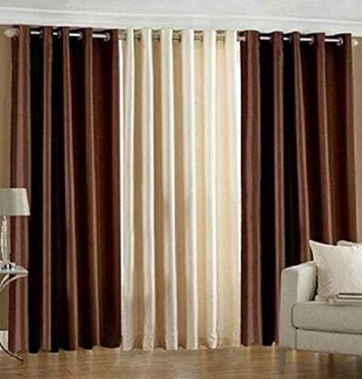 Parda Sansar Solid Sheer Curtain Set with Eyelet Rings Polyester Long Door Curtain Set of 3 9 feet Brown and Cream